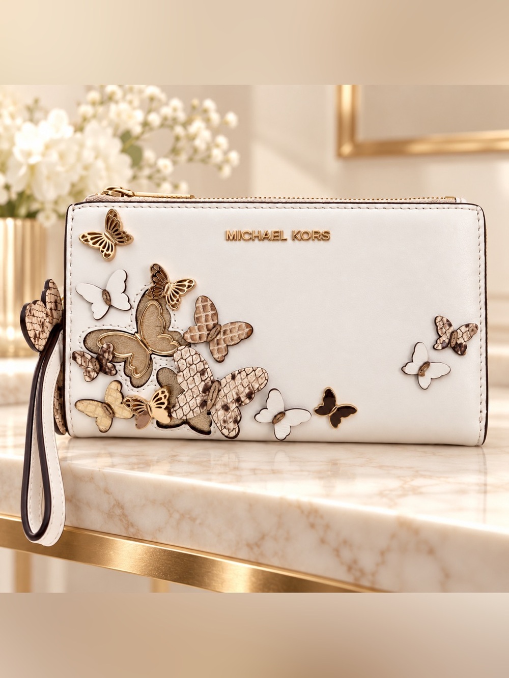 Michael Kors RARE Adele Butterfly White Leather Double Zip Wristlet Wallet